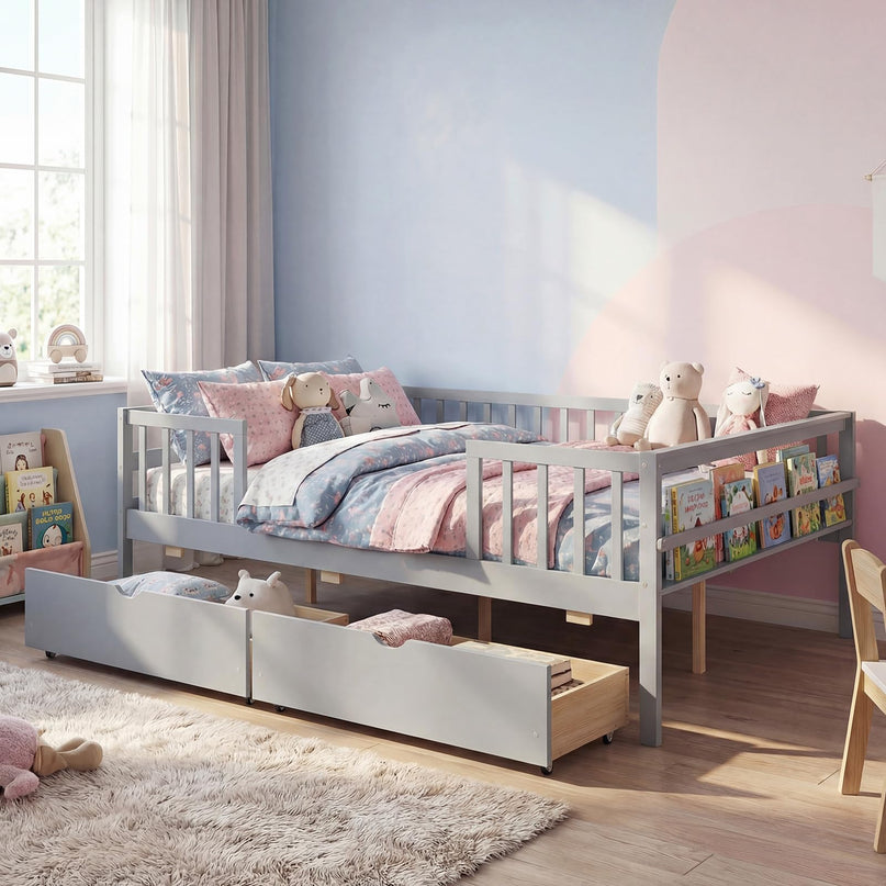 Lit simple pour enfants Giantex avec barrières de sécurité et étagère latérale