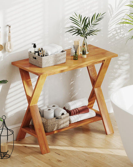 Giantex Solid Teak Wood Console Table with Storage Shelf