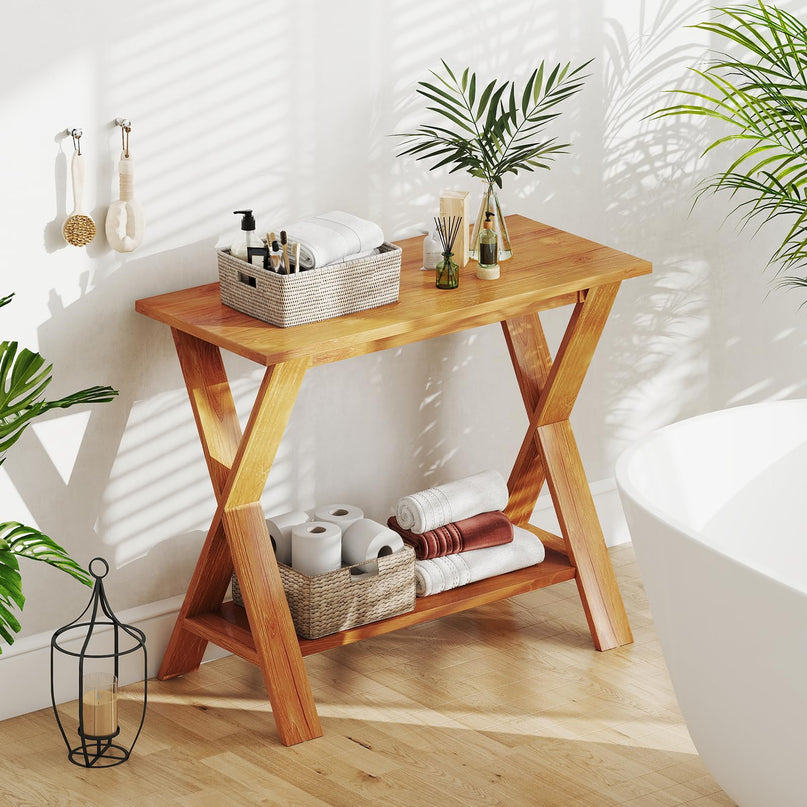 Giantex Solid Teak Wood Console Table with Storage Shelf