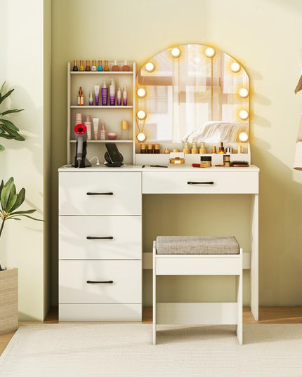 Vanity Desk with Lights - Makeup Vanity Table with Charging Station, 4 Drawers, 3 Storage Shelves