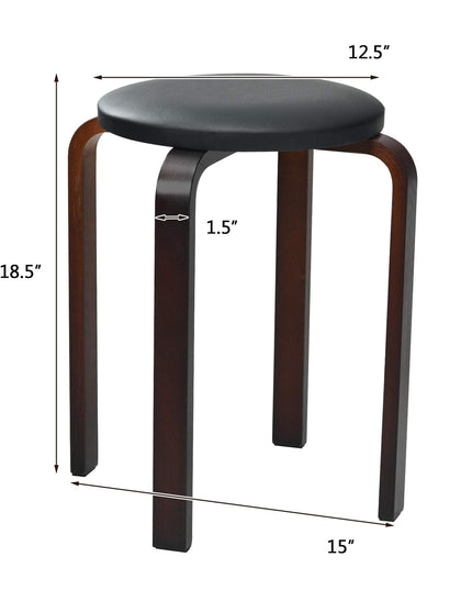 4-Pack Bentwood Stack Stools, 18.5-Inch Portable Stools with PU Leather Round Top, Non-Slip Foot Mats