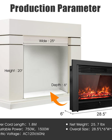 Giantex 28.5" Electric Fireplace Insert Recessed Mounted with 3 Color Adjustable Flames