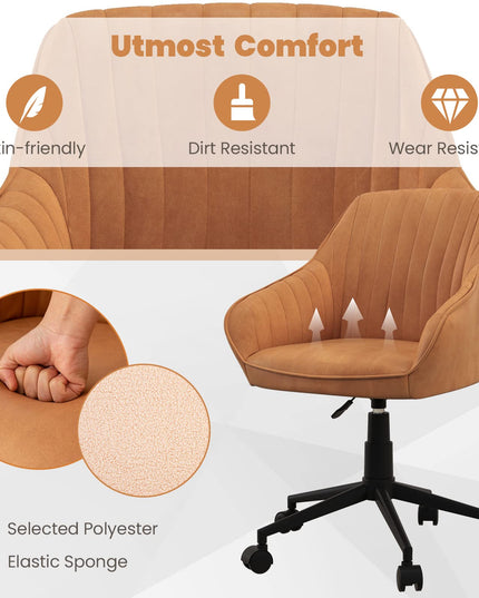 Giantex Leather Office Chair Brown, Mid Century Desk Chair with Wheels and Ergonomic Armrests
