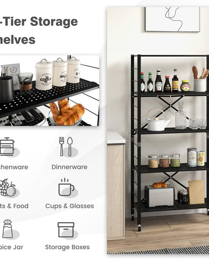 Giantex 5-Tier Folding Bookshelf with Wheels of 1/2, 60" Tall Foldable Metal Shelves for Storage