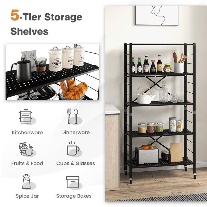 Giantex 5-Tier Folding Bookshelf with Wheels of 1/2, 60" Tall Foldable Metal Shelves for Storage