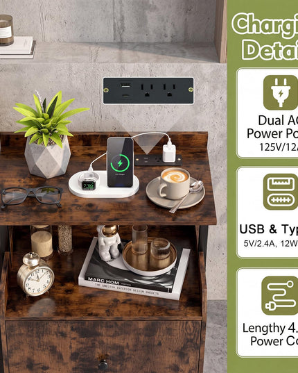 Giantex Nightstand w/Charging Station & LED Light for Bedroom Living Room Study