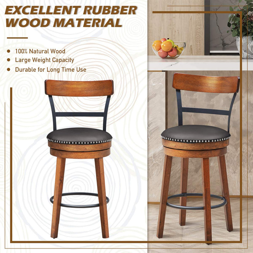 360-Degree Swivel Stools with Leather Padded Seat, Single Slat Ladder Back & Solid Rubber Wood Legs