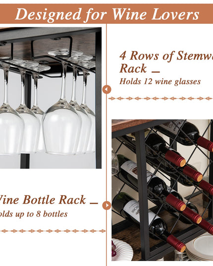 Giantex 3-Tier Wine Bar Cabinet - on Wheels, 8 Bottles Rack & 12 Glasses Hanger (Rustic Brown & Black)