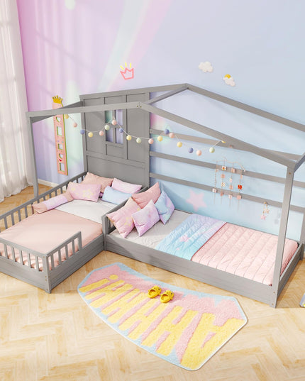 Giantex Double Twin Beds for Kids, House L-Shaped Platform Beds with Window & Fences