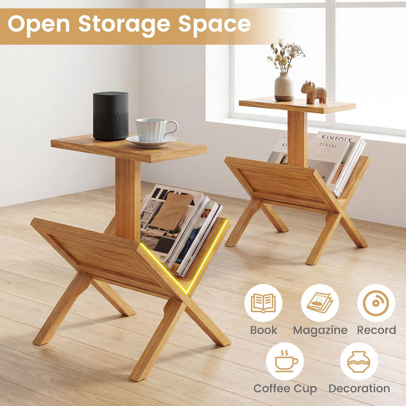 Giantex Table d'appoint en teck, lot de 1/2 tables de chevet à 2 niveaux pour canapé.