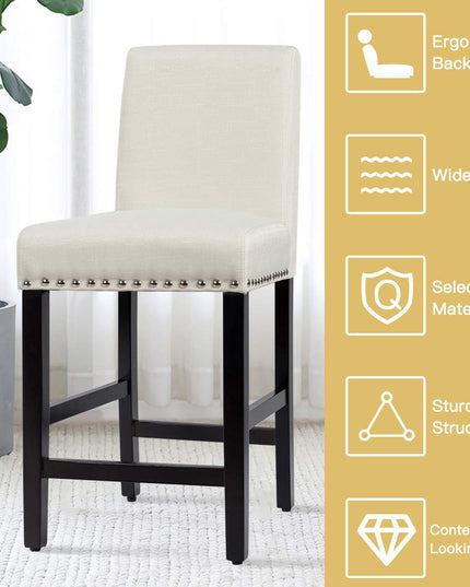 Giantex Upholstered Counter Height Bar Stools w/ Rubber Wood Legs, Breathable Linen Fabric