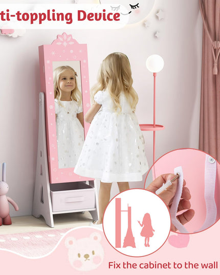 CHARMAID Kids Mirror Jewelry Cabinet - Standing Full Length Mirror with Jewelry Storage