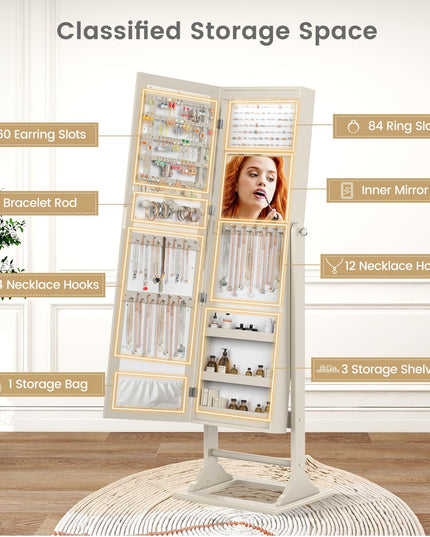 CHARMAID Jewelry Armoire with Full Length Mirror, Lockable Jewelry Cabinet with Large Jewelry Storage, 6 LED Lights, Inner Makeup Mirror
