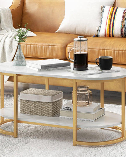 Giantex White Marble Coffee Table - Modern 2-Tier Center Table w/Open Storage Shelf