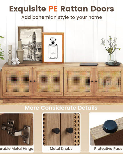Giantex Farmhouse TV Stand for TVs up to 75”, 4-Door PE Rattan Entertainment Center