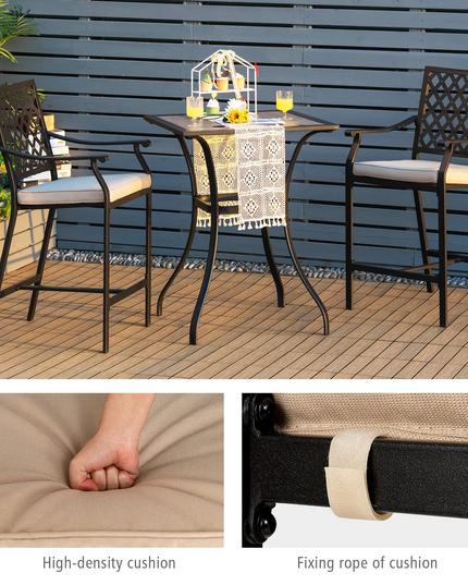 3 Piece Patio Bar Table Set Outdoor Square Bistro Bar Table High Chairs with Cushion Metal Stool