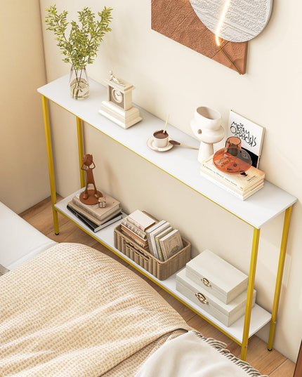 Giantex Gold Console Table with Shelf, 44" Narrow Entryway Table w/Dual Anti-Tipping Kits & Golden Metal Frame