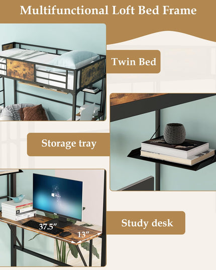 Metal Twin Loft Bed with Desk and Storage Shelf - Giantex