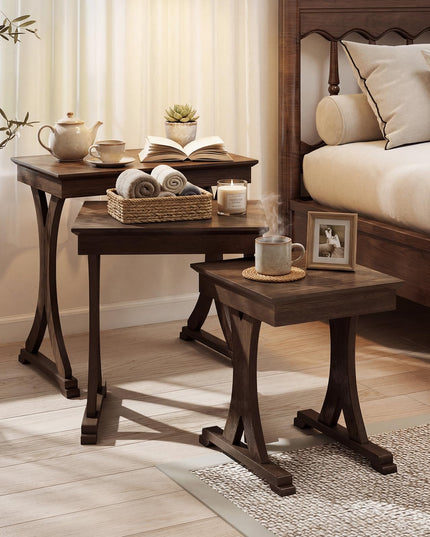 Giantex Table Basse Gigogne Rectangulaire, Ensemble de 3 avec Pieds en Bois d'Hévéa Massif