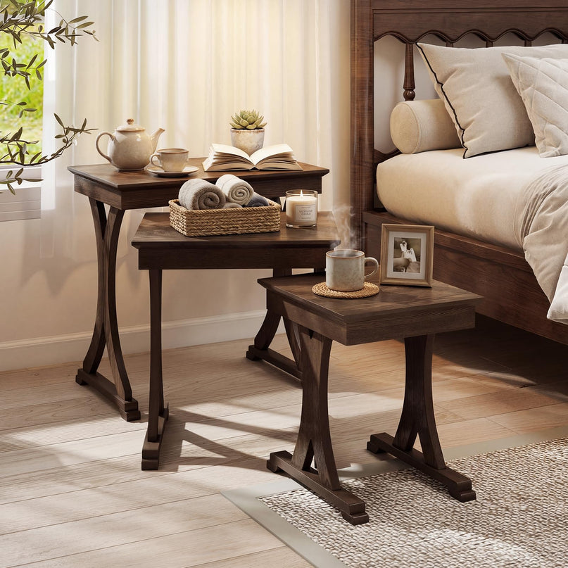 Giantex Table Basse Gigogne Rectangulaire, Ensemble de 3 avec Pieds en Bois d'Hévéa Massif