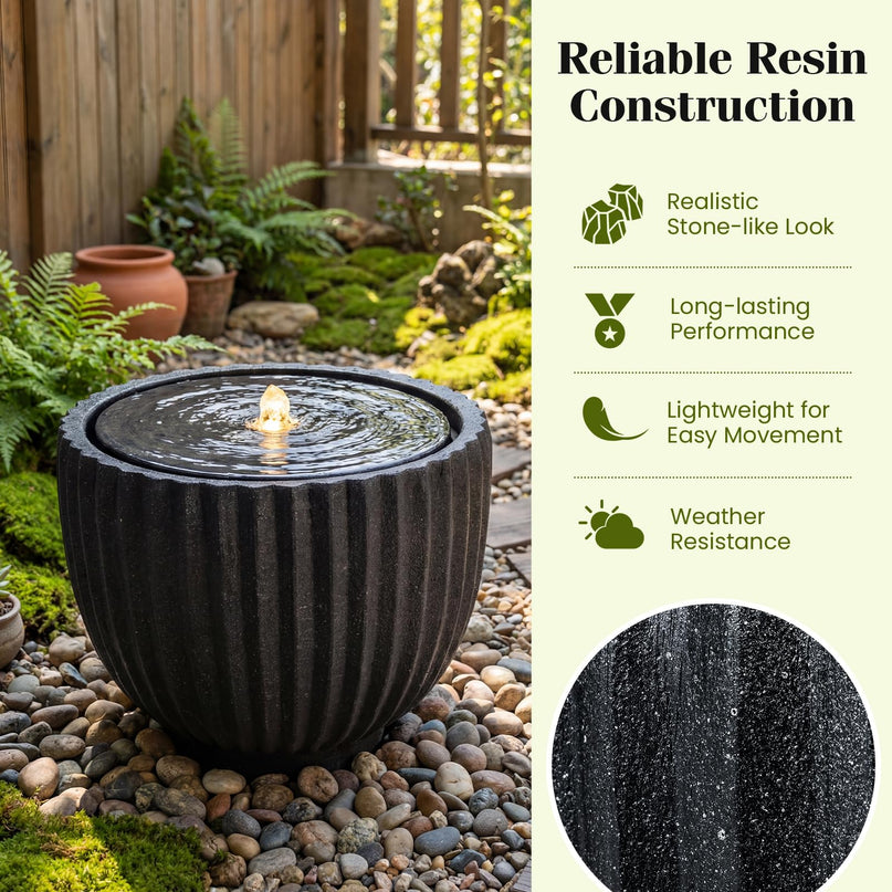 Giantex 17.5" Round Outdoor Water Fountain with 6 LED Lights & Adjustable Pump