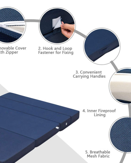 4" Thick Folding Portable Mattress Pad Sofa Bed with No Carrying Handles and Removable Washable Fabric Queen Blue