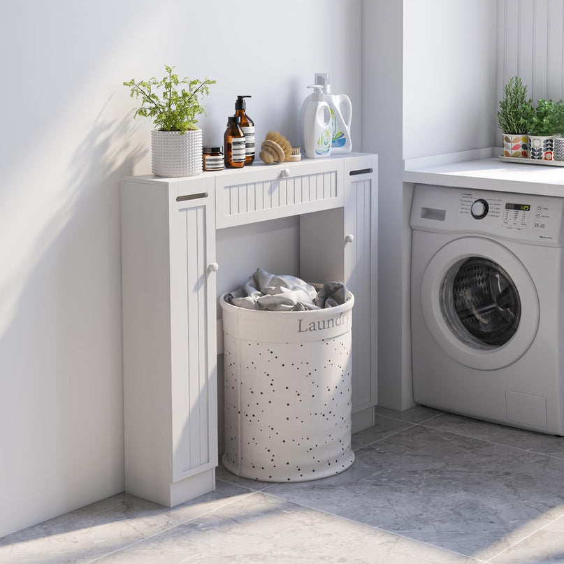 Over-The-Toilet Rack Bathroom Shelf Storage Cabinet Wooden Drop Door Freestanding Spacesaver Improvements, White