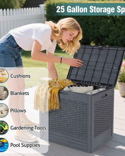 Giantex 25 Gallon Outdoor Storage Box with Rattan Patterns & Lockable Lid