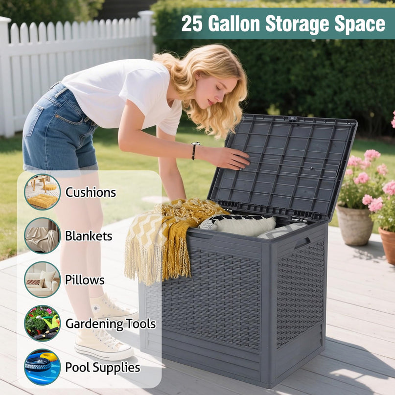 Giantex 25 Gallon Outdoor Storage Box with Rattan Patterns & Lockable Lid