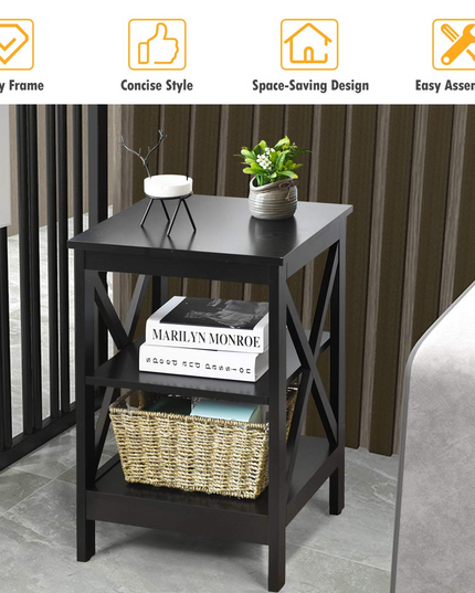 Nightstand 3-Tier X-Design W/Storage Shelves and Stable Structure Storage Organizer Display Sofa Side Table