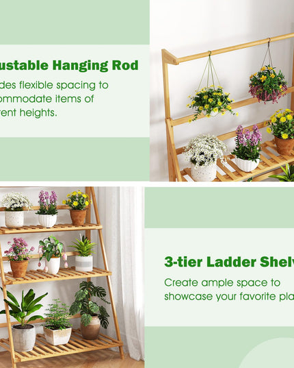 Giantex Plant Stand Indoor Outdoor - Bamboo 3-Tier Hanging Tall Ladder Flower Pot