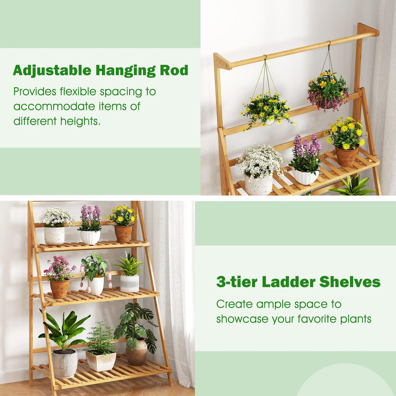 Giantex Plant Stand Indoor Outdoor - Bamboo 3-Tier Hanging Tall Ladder Flower Pot