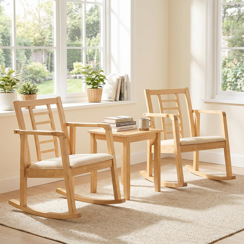 Giantex Solid Rubber Wooden Rocking Chair with Fabric Upholstered Seat (1/2)