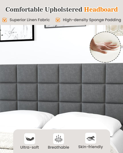 Giantex Full Size Platform Bed, Linen Fabric Upholstered Bed Frame with Adjustable Headboard & Wooden Slat Support