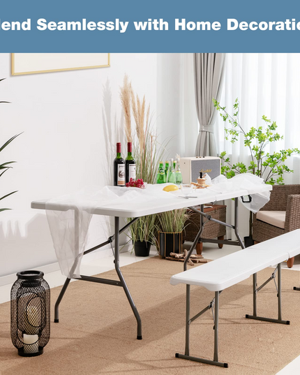 Outdoor Folding Camping Table with 2 Long Benches HDPE Metal Legs BBQ Party Patio Lawn Garden (White)