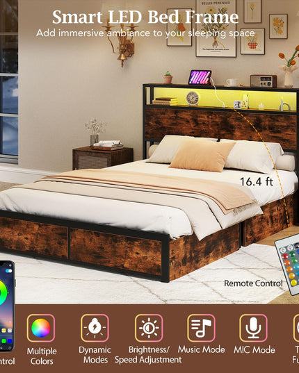 Giantex  LED Bed Frame with Charging Station & 4 Storage Drawers