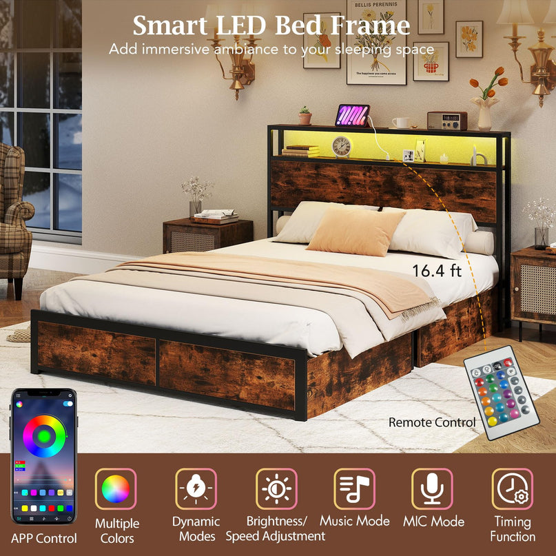 Giantex  LED Bed Frame with Charging Station & 4 Storage Drawers