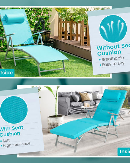 Giantex Folding Chaise Lounge Chair - Outdoor Reclining Chair with Removable Seat Cushion, Headrest Pillow