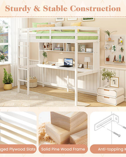Giantex Solid Wood Twin Loft Bed with Desk and Bookcase