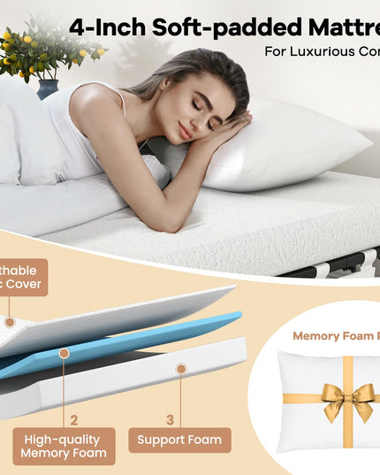 Giantex Folding Bed with Mattress and Top Pillow, Cot Portable Guest Bed w/Metal Frame, 75" x 31"