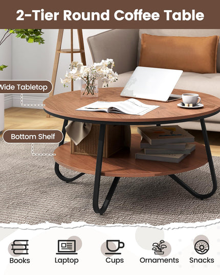 Giantex 2-Tier Round Coffee Table, 33.5" Wood Coffee Table with Open Storage Shelf