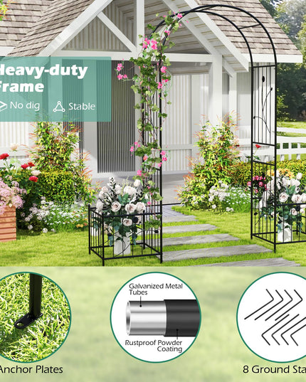 Giantex Garden Arch Trellis with Planters, 86'' Metal Arbor Pergola for Climbing Plants Rose Clematis Vines