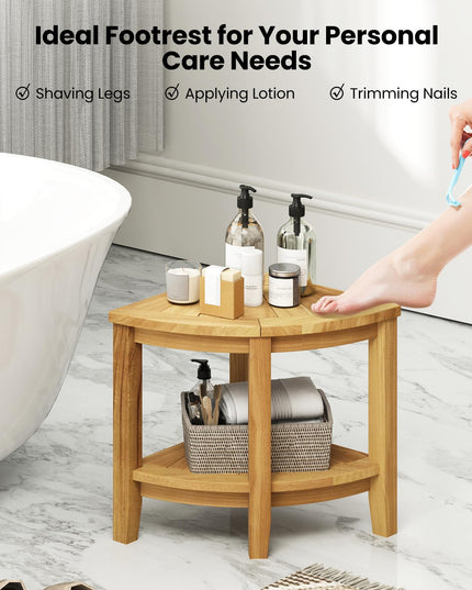Giantex Corner Shower Stool - Teak Wood Shower Bench Seat with Storage Shelf for Shaving Legs