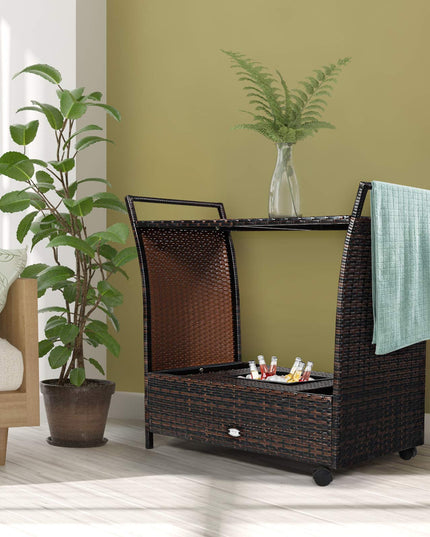 Giantex Rolling Wicker Cart Rattan Bar Cart Outdoor Serving Cart Wicker Trolley Portable Kitchen Trolley Cart W/Shelves and Big Drawer