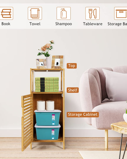 Giantex Bathroom Floor Cabinet, Bamboo Storage Cabinet w/Single Door & Open Shelves