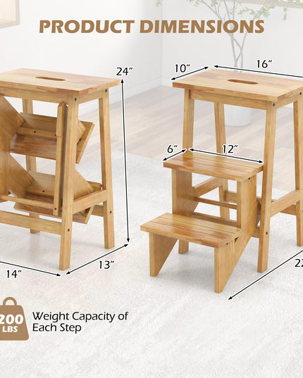 Giantex Folding 3 Tier Step Ladder, Multipurpose 3-in-1 Wood Step Stool with Anti-Slip (Natural)