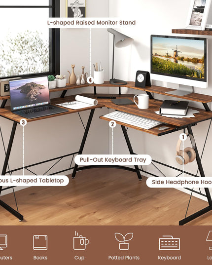Giantex L Shaped Computer Desk with Power Outlet, 51" Corner Computer Desk with Monitor Stand and Reversible Keyboard Tray