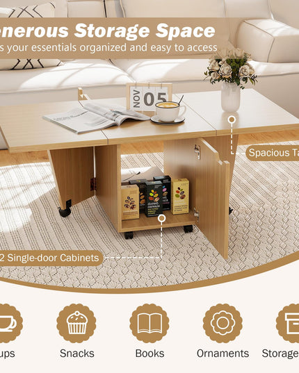 Giantex 48 Inch Drop Leaf Extendable Center Table with Storage Cabinet & Wheels