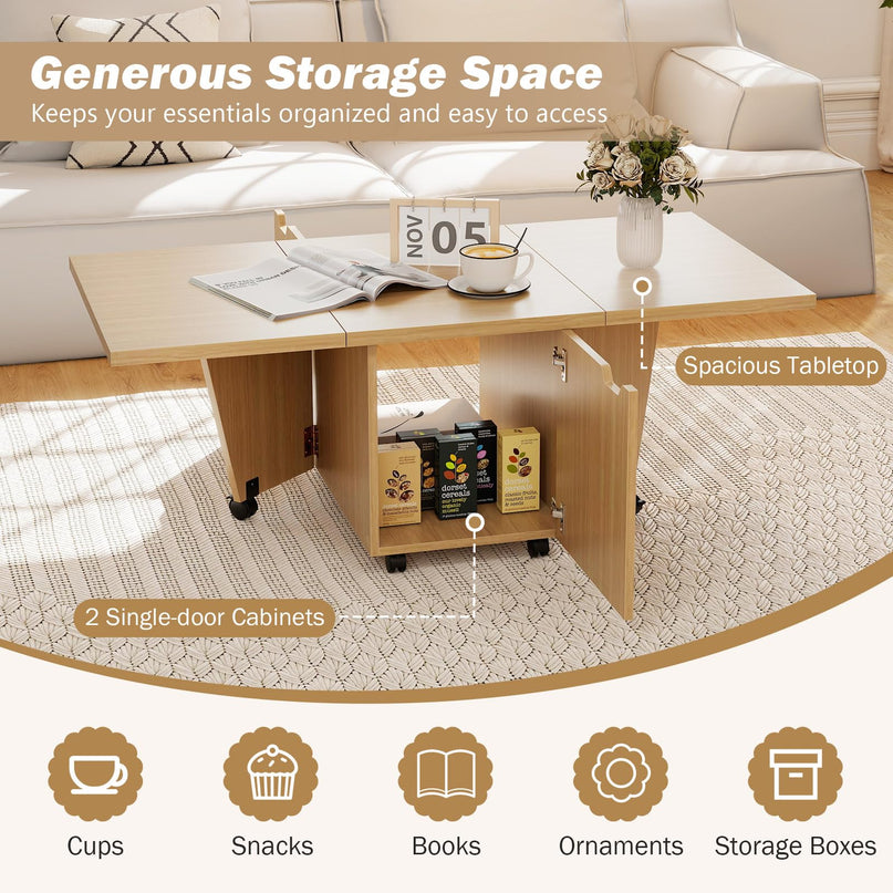 Giantex 48 Inch Drop Leaf Extendable Center Table with Storage Cabinet & Wheels