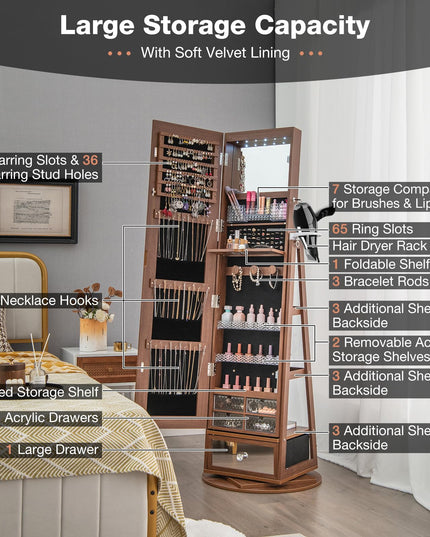 360° Swivel Jewelry Cabinet Armoire with 64.5" H Full Length Mirror - Giantex